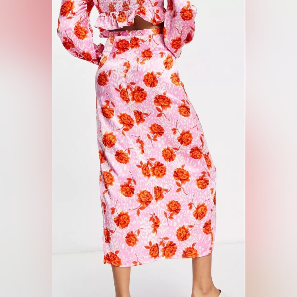 Topshop co-ord rose animal split midi skirt in Pink Size 6 - Picture 7 of 13